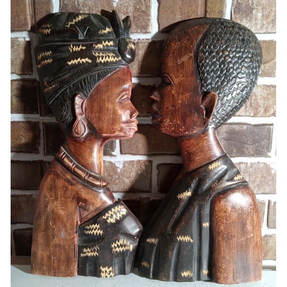 Vintage Wooden Hand Carved African Couple Made In Ghana Set Of 2